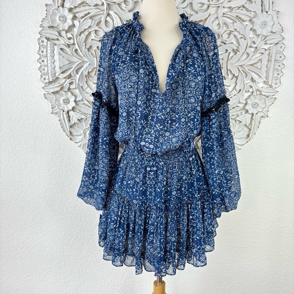 {Misa} Lizeth Blue Floral Balloon Sleeve Mini Dress, Size S